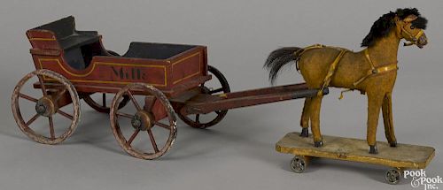 Painted horse drawn Milk wagon pull toy, overall - 17'' l.