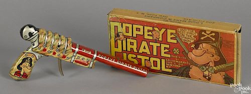 Marx tin lithograph Popeye Pirate Pistol, retaining the original box, Copyright 1929