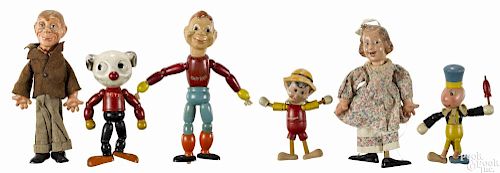 Ideal jointed comic character dolls, to include Jiminy Cricket and Pinocchio
