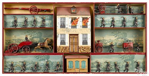 French painted tin and white metal fire fighting set, made by F. V.