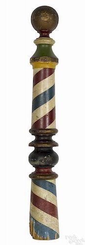 Vibrant polychromed pine barber pole, 19th c., with nice mid turnings and a gold ball finial