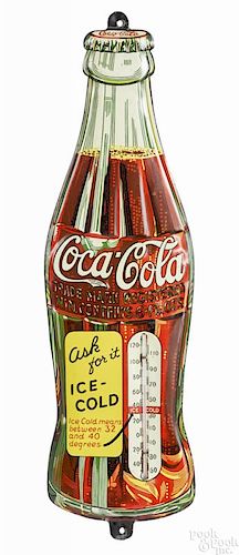 Figural Coca-Cola bottle embossed tin lithograph thermometer sign, scarce version