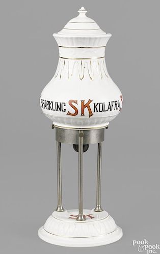 Rare Sparkling Kolafra porcelain syrup dispenser with a nickel-plated stand and tap handle