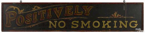 Positively No Smoking polychromed tin train station sign, ca. 1900, double-sided