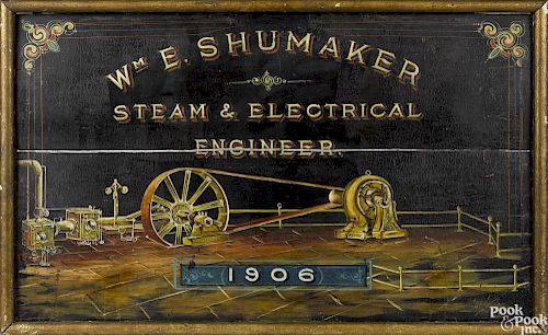 Wm E. Shumaker Steam & Electrical Engineer painted pine trade sign, dated 1906