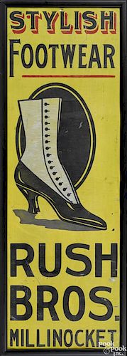 Stylish Footwear Rush Bros. Millinocket (Maine) painted tin trade sign