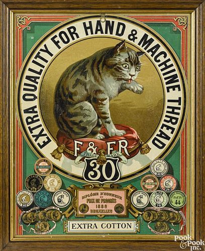 F & FR thread lithograph cardboard advertising sign with an image of a cat