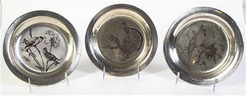 Three American Silver Commemorative Plates, The National Audubon Society, comprising The Goldfinch, The Cardinal, and The Ruffed