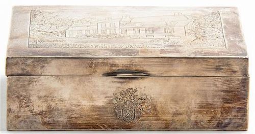 A Danish Silver Box, A. Michelsen, Copenhagen, 1918, lid etched with image of a house, wood lined interior