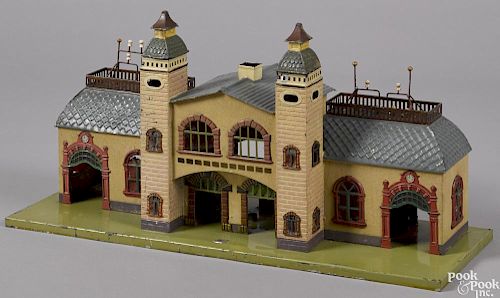 Bing O Gauge train station, large version having an embossed painted tin with sandstone finish
