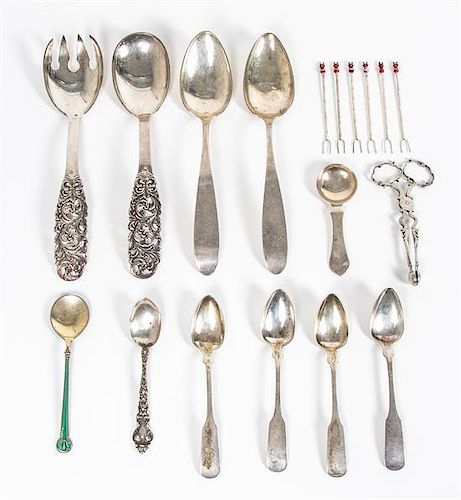 Group of Silver and Silver-Plate Flatware Articles, , comprising 1 demitasse spoon, Unger Brothers, Newark, NJ 2 tablespoons, ma