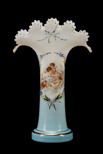 Bohemian White & Blue Enameled Glass Vase