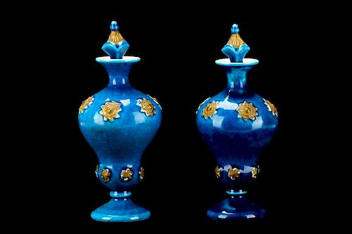 Pair of Continental Porcelain Blue Glazed Bottles