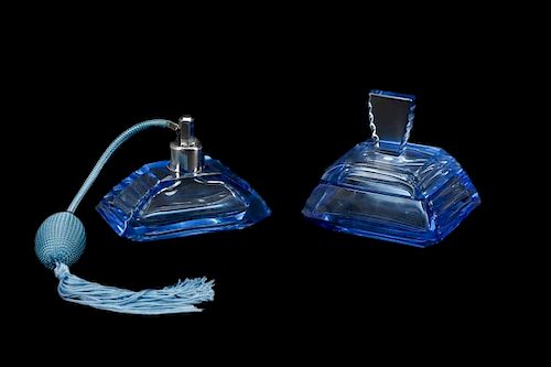 Czech Blue Glass Perfume Bottle & Dresser Box