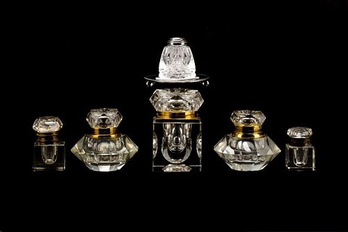 Group of 6 Brass & Silver Mounted Glass Inkwells