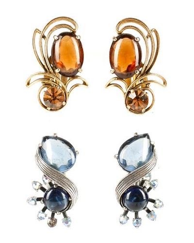 Vintage Schiaparelli Rhinestone Earrings, 2 Pairs