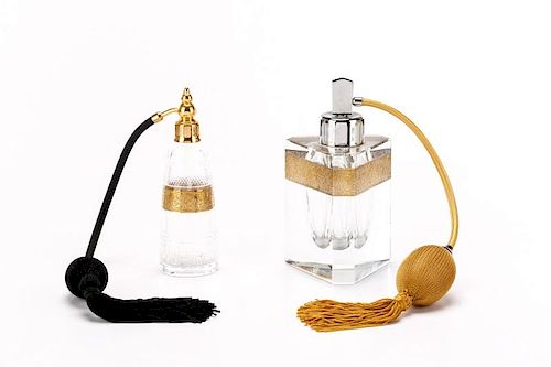 Two Moser Clear & Gilt Crystal Perfume Atomizers