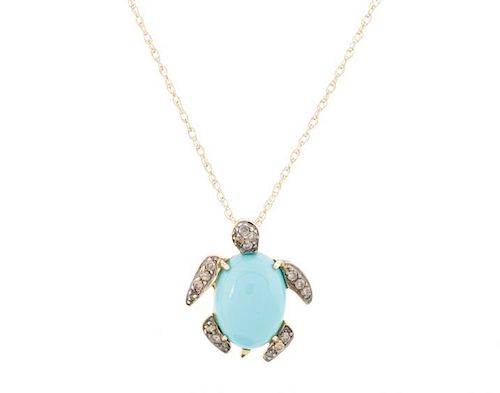 14k Gold, Turquoise and Diamond Turtle Necklace