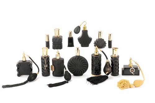 Collection of 13 Black Glass Perfume Bottles