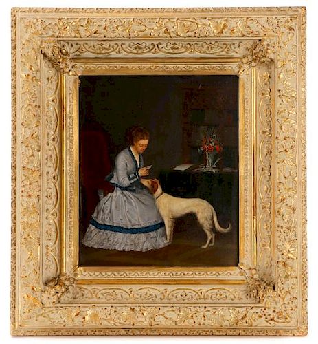 Woman And Dog Genre Scene, Signed, 19th C.