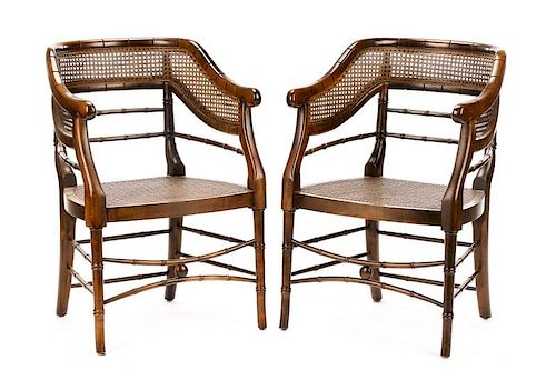 Pair, Carved and Caned Bamboo Motif Armchairs