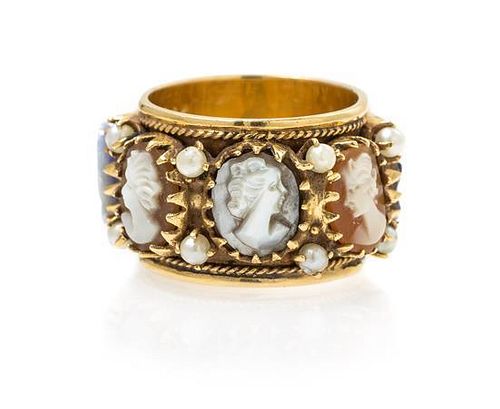 * A 14 Karat Yellow Gold, Cameo and Seed Pearl Ring, 9.40 dwts.
