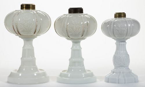 ASSORTED OPAQUE GLASS KEROSENE STAND LAMPS, LOT OF THREE,