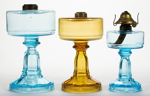 LOGAN PRESSED GLASS KEROSENE STAND LAMPS, LOT OF THREE,
