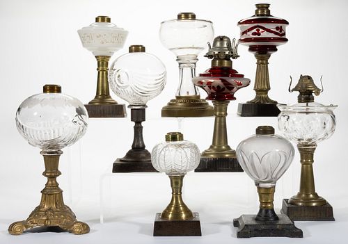 ASSORTED GLASS AND METAL KEROSENE STAND LAMPS, LOT OF NINE,