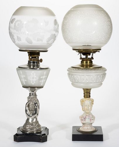ASSORTED FIGURAL STEM AND FROSTED GLASS KEROSENE STAND LAMPS, LOT OF TWO,
