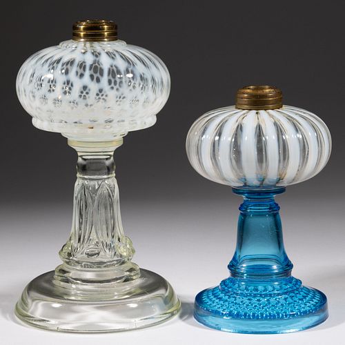 ASSORTED OPALESCENT GLASS KEROSENE STAND LAMPS, LOT OF TWO,