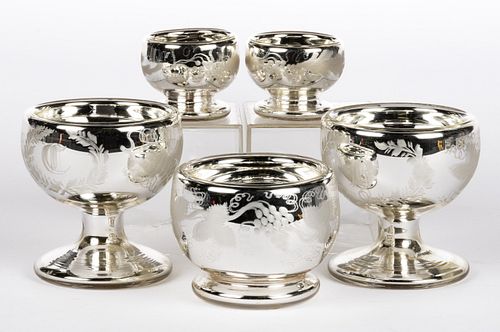 ASSORTED MERCURY / SILVERED GLASS OPEN SALTS, LOT OF FIVE,