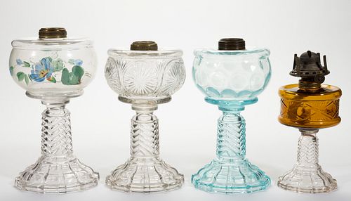 ASSORTED MIX-AND-MATCH KEROSENE STAND LAMPS, LOT OF FOUR,