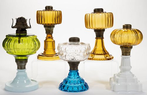 ASSORTED GLASS KEROSENE STAND LAMPS, LOT OF FIVE,