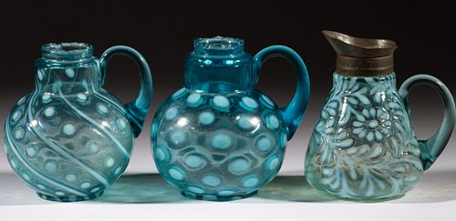 ASSORTED BLOWN OPALESCENT GLASS SYRUP PITCHERS, LOT OF THREE,