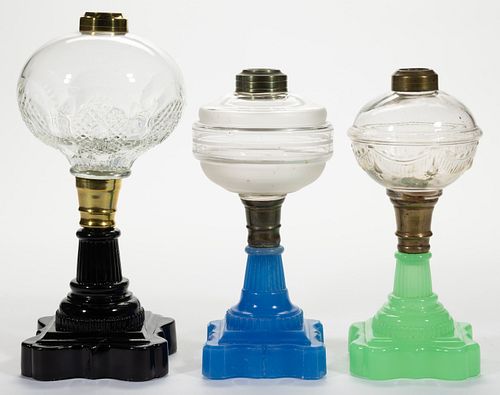 ASSORTED BAROQUE BASE GLASS KEROSENE STAND LAMPS, LOT OF THREE,