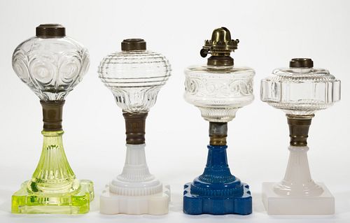 ASSORTED GLASS KEROSENE STAND LAMPS, LOT OF FOUR,