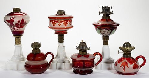 ASSORTED RUBY-STAINED GLASS KEROSENE LAMPS, LOT OF SIX,
