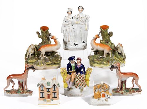 STAFFORDSHIRE HAND-PAINTED FIGURAL CERAMIC ARTICLES, LOT OF EIGHT