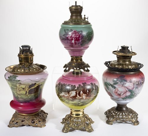 ASSORTED DECORATED GONE WITH THE WIND KEROSENE PARLOR LAMP BASES, LOT OF FOUR
