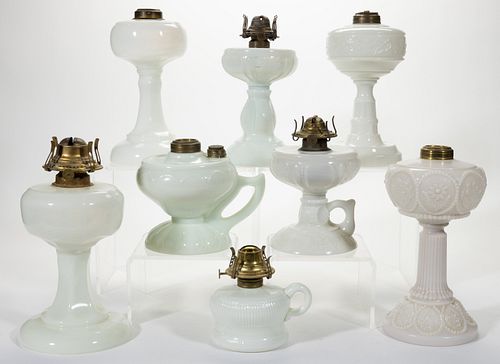 ASSORTED OPAQUE GLASS KEROSENE LAMPS, LOT OF EIGHT,