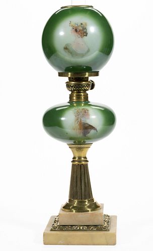 VICTORIAN ENAMEL-DECORATED KEROSENE STAND LAMP,