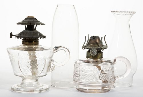 ASSORTED HISTORICAL GLASS KEROSENE FINGER LAMPS, LOT OF TWO,