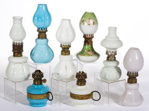 ASSORTED PATTERN OPAQUE GLASS MINIATURE LAMPS, LOT OF EIGHT