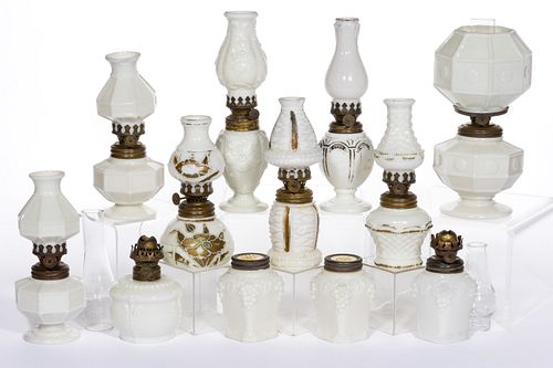 ASSORTED PATTERN OPAQUE GLASS MINIATURE LAMPS, LOT OF NINE