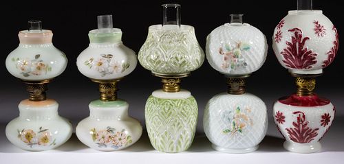 ASSORTED PATTERN DECORATED OPAQUE GLASS MINIATURE LAMPS, LOT OF FIVE