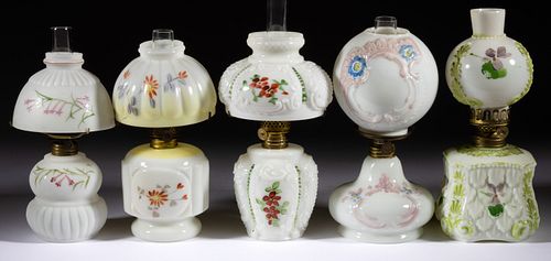ASSORTED PATTERN AND DECORATED OPAQUE GLASS MINIATURE LAMPS, LOT OF FIVE