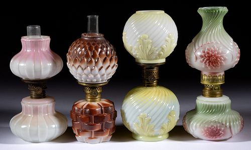 ASSORTED PATTERN AND DECORATED OPAQUE GLASS MINIATURE LAMPS, LOT OF FOUR
