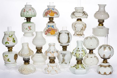 ASSORTED PATTERN OPAQUE GLASS MINIATURE LAMPS, LOT OF 12