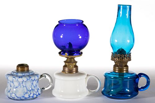 ASSORTED  COLORED GLASS MINIATURE FINGER LAMPS, LOT OF THREE